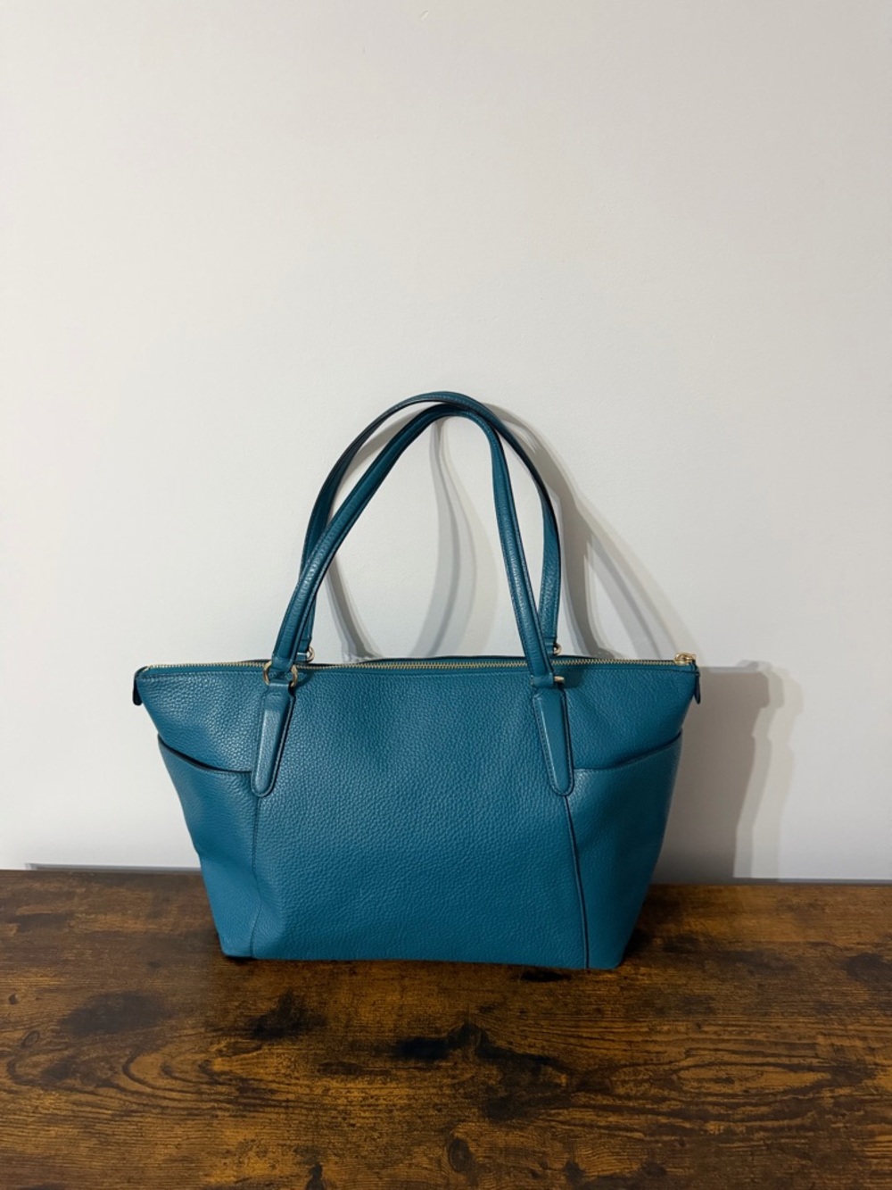 Coach Teal Pebbled Leather Shoulder Tote with Gold Hardware - Picture 7 of 14